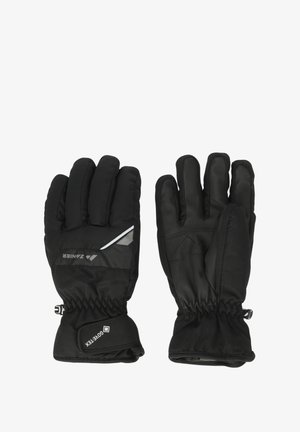 Sorte isolerede handsker med en glat overflade, elastiske håndledsmanchetter, diskrete refleksdetaljer og et polstret design for varme.