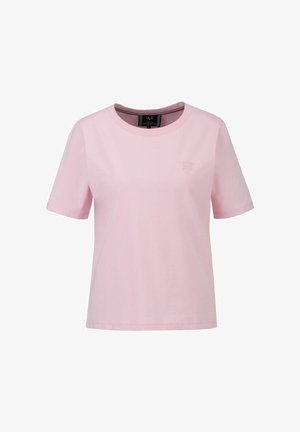 Rosa Baumwoll-T-Shirt mit kurzen Ärmeln, Rundhalsausschnitt und einem kleinen Logo-Detail auf der Brust. Glatte Textur und lockere Passform.