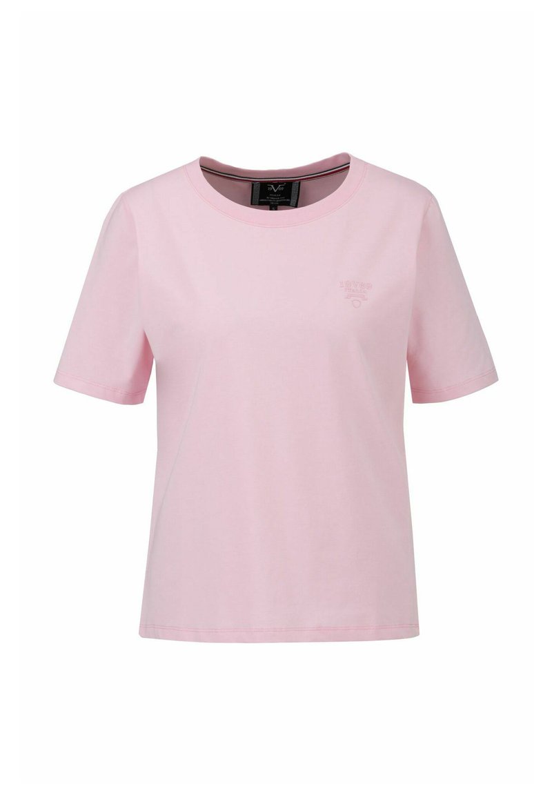 Pink cotton T-shirt with short sleeves, round neck, and a small logo detail on the chest. Smooth texture and relaxed fit.