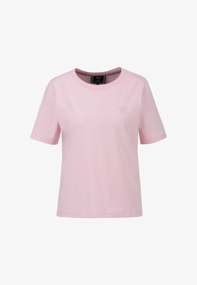 Roze katoenen T-shirt met korte mouwen, ronde hals en een klein logodetail op de borst. Soepele textuur en een comfortabele pasvorm.