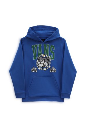 Hoodie bleu en tissu doux, avec un graphique de bulldog avec des griffes et le texte "VANS" en vert. Comprend une poche avant et un capuchon ajustable.