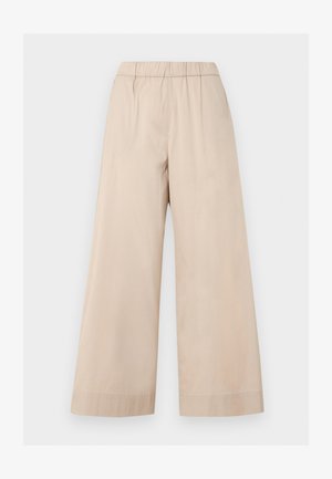 Pantalon beige à jambes larges avec taille élastique et un ourlet simple, présenté sur un fond clair uni.