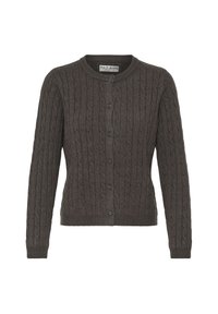 Ciemnoszary kardigan z dzianiny o wzorze warkocza, z okrągłym dekoltem i guziczkami z przodu, długimi rękawami oraz ściągaczami przy mankietach i u dołu.