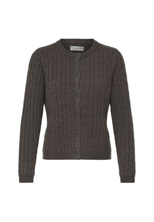 Tumehall kaabelpitsist kardigan ümmarguse kaelusega, esikinniste ja pikkade varrukatega ning soonikkoes mansettide ja äärega.