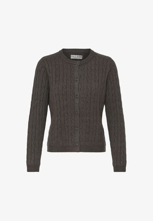 Tumši pelēka kabeles adījuma kardigans ar apaļu izgriezumu un pogām priekšpusē, garām piedurknēm un ribotām aprocēm un apakšmalu.