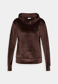 Brauner Samt-Hoodie mit langen Ärmeln, Kapuze und gesteppten Bündchen. Verfügt über ein dezentes Logo auf der Vorderseite. Weicher Textil und lässige Passform.