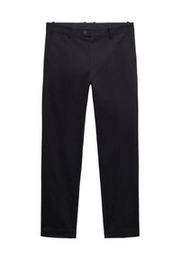 Black trousers made from lightweight fabric. Features straight legs, belt loops, a button closure, and pockets. Smooth texture without patterns.