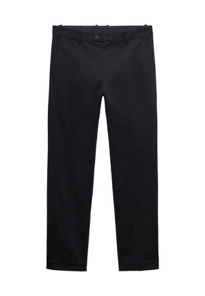 Black trousers made from lightweight fabric. Features straight legs, belt loops, a button closure, and pockets. Smooth texture without patterns.