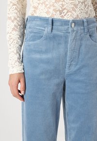 Pantalon en velours côtelé bleu clair avec des côtes verticales, doté de deux poches avant et d'une fermeture à bouton à l'avant. Texture douce et coupe décontractée.