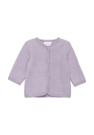 Lila Fleece-Cardigan mit langen Ärmeln, Rundhalsausschnitt und fünf vorderen Knöpfen. Verfügt über eine weiche Textur und einen geschwungenen Saum.