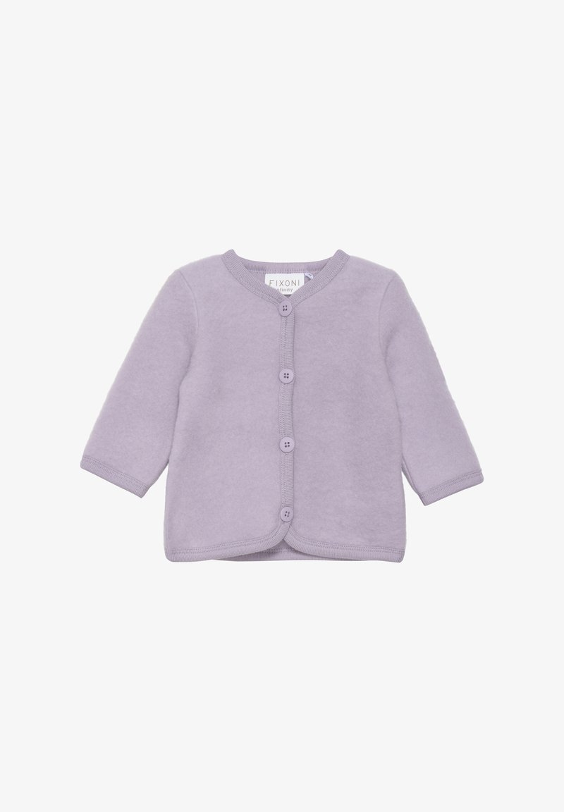 Lila Fleece-Cardigan mit langen Ärmeln, Rundhalsausschnitt und fünf vorderen Knöpfen. Verfügt über eine weiche Textur und einen geschwungenen Saum.