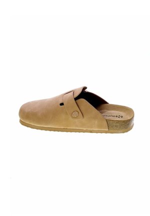 Zoccolo marrone chiaro slip-on con cinturino regolabile, sottopiede in sughero e suola in gomma, mostrato di profilo su sfondo bianco.