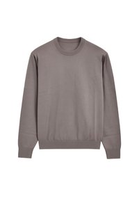 Sudadera de cuello redondo en gris, hecha de una tela suave. Presenta mangas largas, puños y cintura acanalados. Diseño simple y minimalista sin patrones.