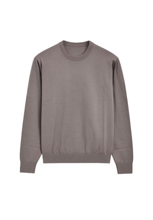 Sudadera de cuello redondo en gris, hecha de una tela suave. Presenta mangas largas, puños y cintura acanalados. Diseño simple y minimalista sin patrones.