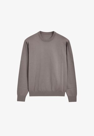 Sudadera de cuello redondo en gris, hecha de una tela suave. Presenta mangas largas, puños y cintura acanalados. Diseño simple y minimalista sin patrones.