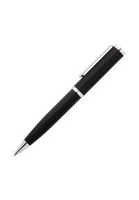 Bolígrafo negro con detalles plateados y un patrón de espiga texturizado en el cuerpo y la tapa, aislado sobre un fondo blanco.