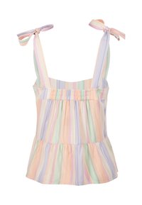 Monivärinen olkaimellinen toppi, jossa pastelliväreissä vaaleanpunaista, laventelia ja mintunvihreää raitaa. Sisältää röyhelöisen helman ja solmittavat olkaimet säädettävää istuvuutta varten.