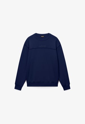 Tummansininen pyöreäkauluksinen collegepaita, jossa on pitkät hihat, resorit hihansuissa ja helmassa sekä hillitty "Napapijri"-logo rinnassa.