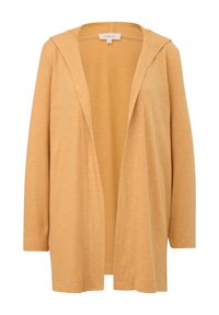 Cardigan a maniche lunghe, aperto davanti, realizzato in tessuto morbido e leggero. Presenta un cappuccio ed è di colore giallo senape, con una vestibilità comoda e cuciture minime.
