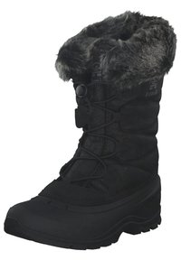 Schwarzer Winterstiefel mit einem Kragen aus Kunstfell, Nylon-Obermaterial, Schnürdesign und einer stabilen Gummisohle mit strukturiertem Profil.