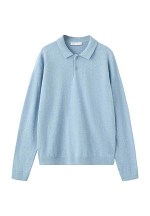 Lichtblauw poloshirt met lange mouwen, twee knopen, geribde manchetten en zoom, getoond op een witte achtergrond.