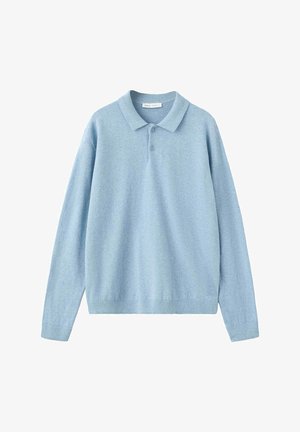 Polo bleu clair à manches longues avec deux boutons, poignets et ourlet côtelés, présenté sur fond blanc.