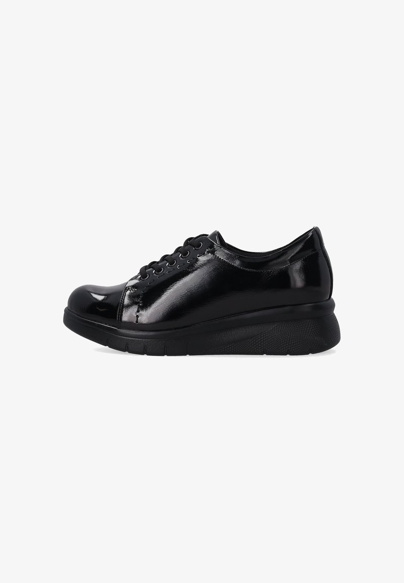 Black patent leather sneaker with rounded toe, lace-up design, textured rubber sole, and cushioned heel for added comfort.