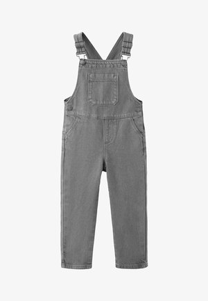 Salopetă gri din denim cu bretele reglabile, un buzunar frontal, buzunare laterale și croială lejeră. Țesătura are o textură fină și rezistentă.