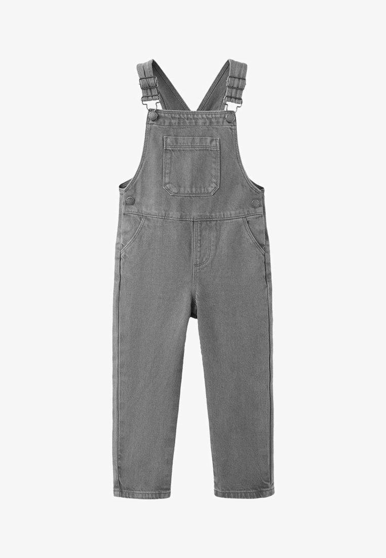 Grijze denim tuinbroek met verstelbare bandjes, een voorzak, zijzakken en een ontspannen pasvorm. De stof heeft een gladde, duurzame textuur.