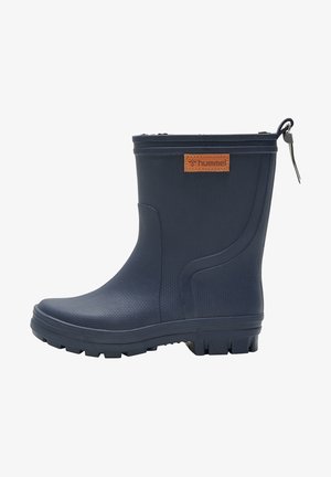 Marine rubberen enkellaarzen met een gestructureerd oppervlak, een bruin logo-embleem en een robuuste zool ontworpen voor grip. Voorzien van een trekband voor gemakkelijk aan- en uittrekken.