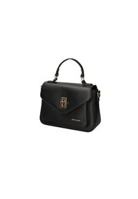 Borsa a mano in pelle nera textured con forma strutturata, manico superiore e hardware color oro, dotata di chiusura a pattina sul fronte e dettaglio del logo.