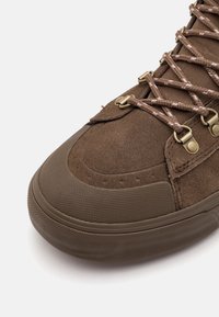 Chaussure de randonnée en daim brun avec embout en caoutchouc, œillets en métal et lacets ronds à motifs, présentée en gros plan sur fond blanc.