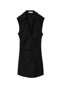Robe sans manches noire à boutons avec un large col, taille cintrée et ourlet droit, présentée à plat sur un fond blanc.