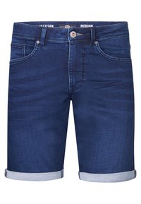 Shorts in denim blu scuro con un lavaggio medio, orli arrotolati, design a cinque tasche e chiusura con bottone metallico frontale.