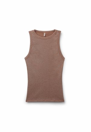 Bezrekawnik prążkowany w stonowanym odcieniu mauve z okrągłym dekoltem i dopasowanym krojem, pokazany na płasko na białym tle.