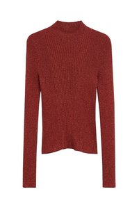 Pitkät hihat, ribattu, kimaltava tummanpunainen korkeakauluksinen neulepaita, jossa on muotoon ommeltu siluetti.