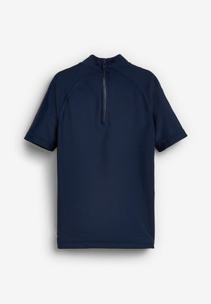 Navy blue short-sleeved rash guard with a stand-up collar and back zip. Smooth, stretchy fabric with flatlock seams for comfort.