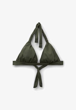 Top bikini imbottito a triangolo verde oliva con collo allacciato regolabile arricciato e chiusura a fiocco sul retro.