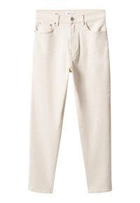Jean droit blanc cassé avec poches avant, passants de ceinture, fermeture par bouton et braguette zippée.
