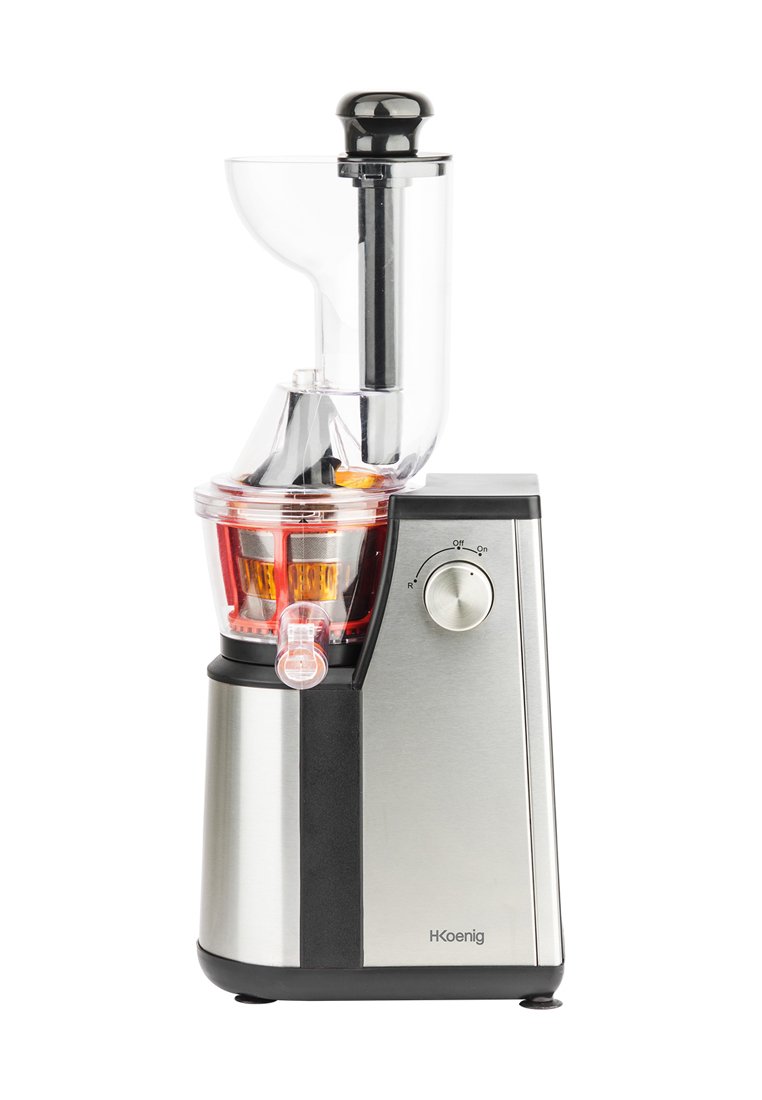 H.Koenig Entsafter mit einem Edelstahlboden, transparentem Kunststofftrichter, roten Akzenten und einem Bedienknopf für die Betriebseinstellungen.