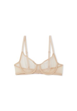 Beige Netze-Underwire-BH mit verstellbaren Trägern, transparenten Einsätzen und solidem Unterband; zeichnet sich durch eine glatte Textur und ein abgerundetes Cup-Design aus.