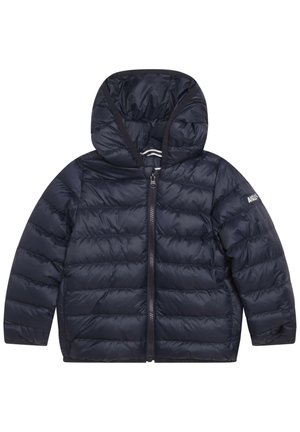 Granatowa pikowana kurtka z kapturem, zamkiem błyskawicznym z przodu, długimi rękawami oraz małym logo "AIGLE" na lewym rękawie.