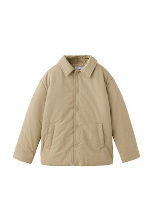 Beige gesteppte Jacke mit Kragen, Druckknopfverschluss und zwei Vordertaschen, für kaltes Wetter konzipiert.
