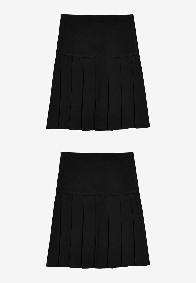 Jupe plissée noire en tissu lisse, dotée d'une taille ajustée et d'une série de plis verticaux pour une silhouette structurée.