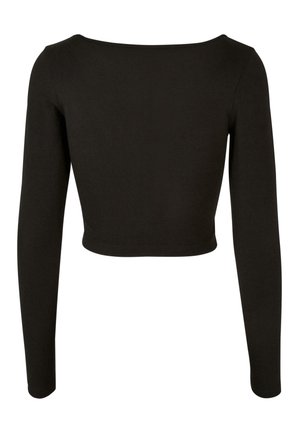 Schwarzes Langarm-Cropped-Top aus weichem Baumwollstoff. Verfügt über einen weiten Ausschnitt und enganliegende Ärmel, mit einer glatten, matten Textur.
