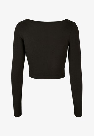 Schwarzes Langarm-Cropped-Top aus weichem Baumwollstoff. Verfügt über einen weiten Ausschnitt und enganliegende Ärmel, mit einer glatten, matten Textur.