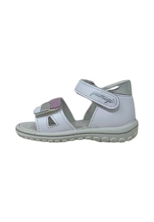 Sandal in pelle bianca con cinturino regolabile, punta rotonda, suola in gomma con treads rotondi e un accento argento sul tallone.