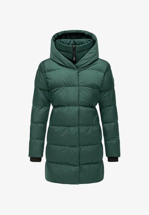 Mørkegrøn vinterjakke med polstring og hætte, quiltede sømme, fuld frontlynlås og ribstrikkede sorte manchetter på de lange ærmer.