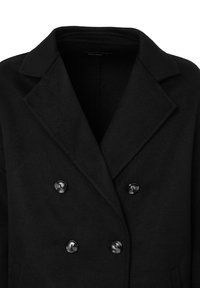 Cappotto doppiopetto in misto lana nera con colletto a rever, caratterizzato da grandi bottoni neri e una superficie liscia. Etichetta visibile all'interno.