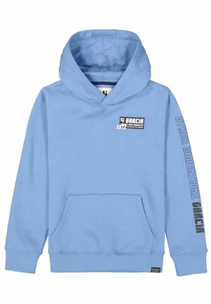 Hellblauer Kapuzenpullover mit Fronttasche, schwarz-weißem Logo auf der Brust und dem Schriftzug "Other Dimensions Garcia" am rechten Ärmel.